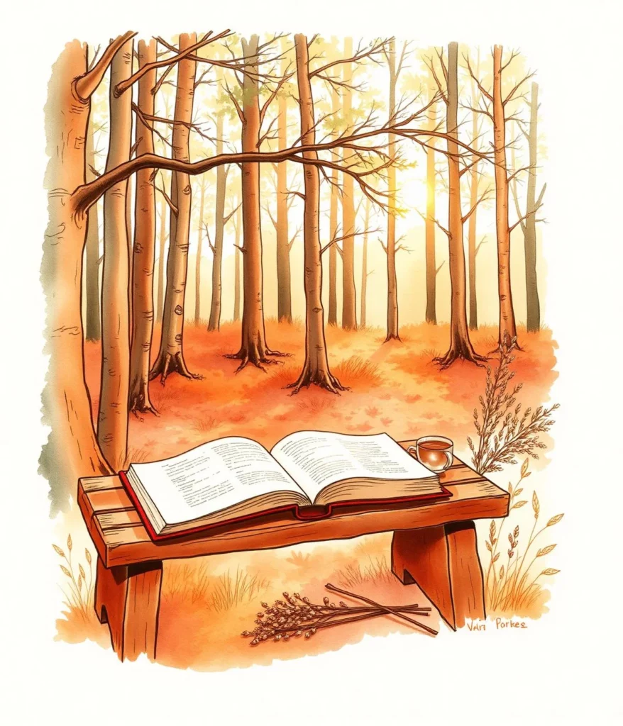 Livre ouvert sur un banc en bois au cœur d’une forêt, dans un cadre naturel propice au ressourcement.