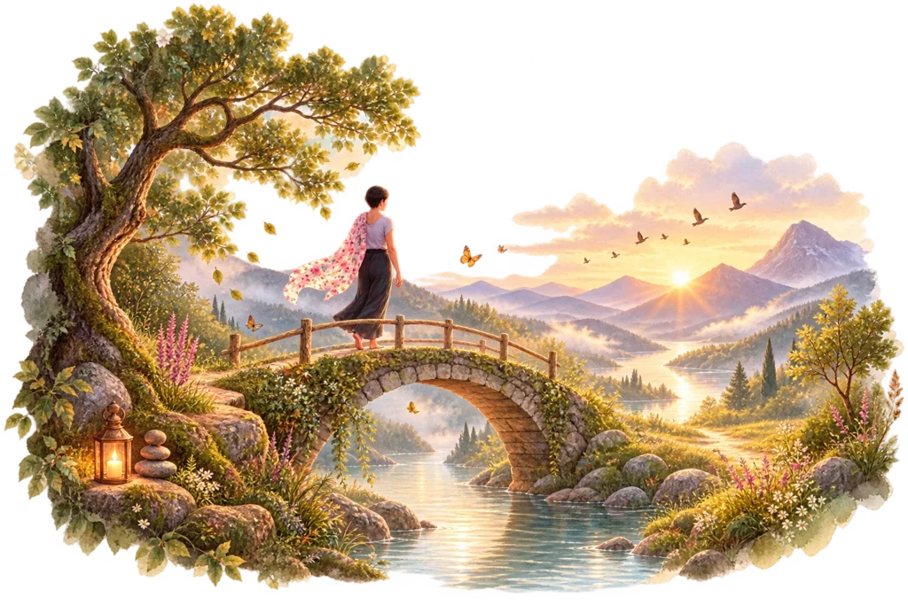 Femme traversant un pont en pierre au-dessus d’une rivière, face à un paysage de montagnes baigné de lumière